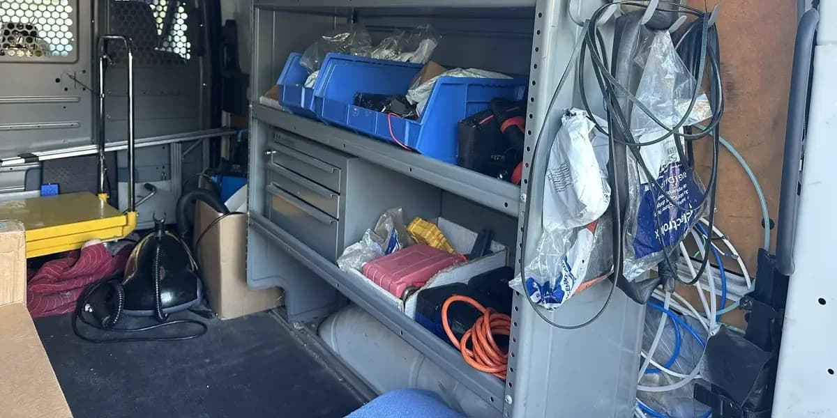 Parts bins, replacement belts and tools on the shelves inside Brian's service van